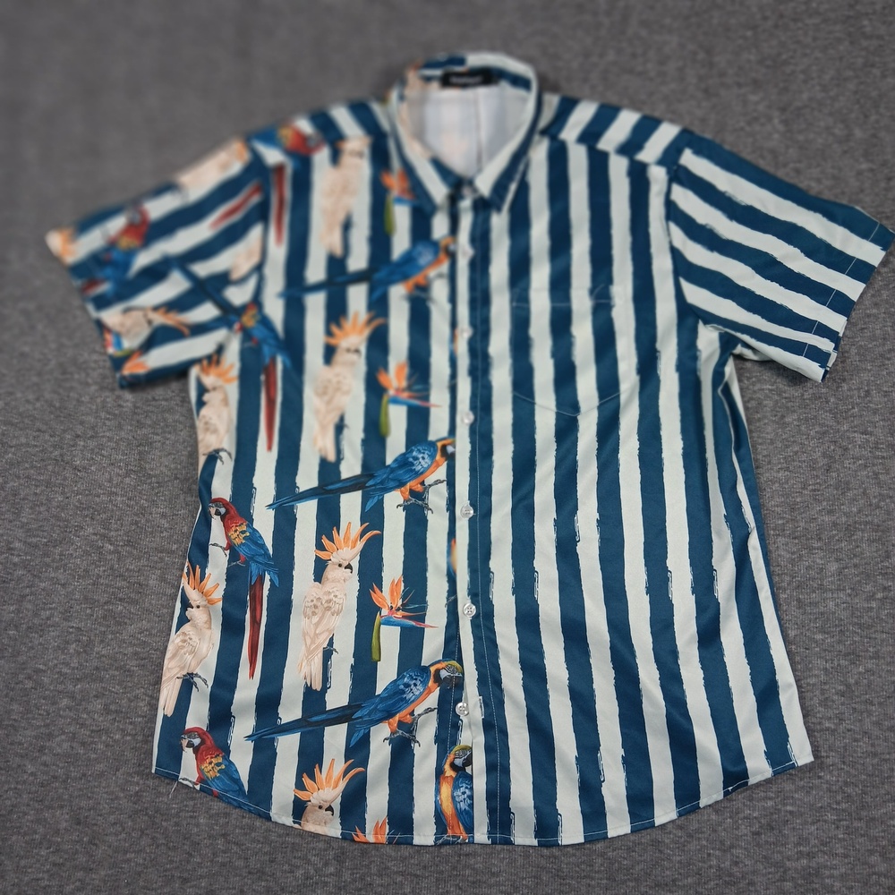 VatPave Shirt Mens Medium Blue White Striped Parrot Tropical Button Up Polyester